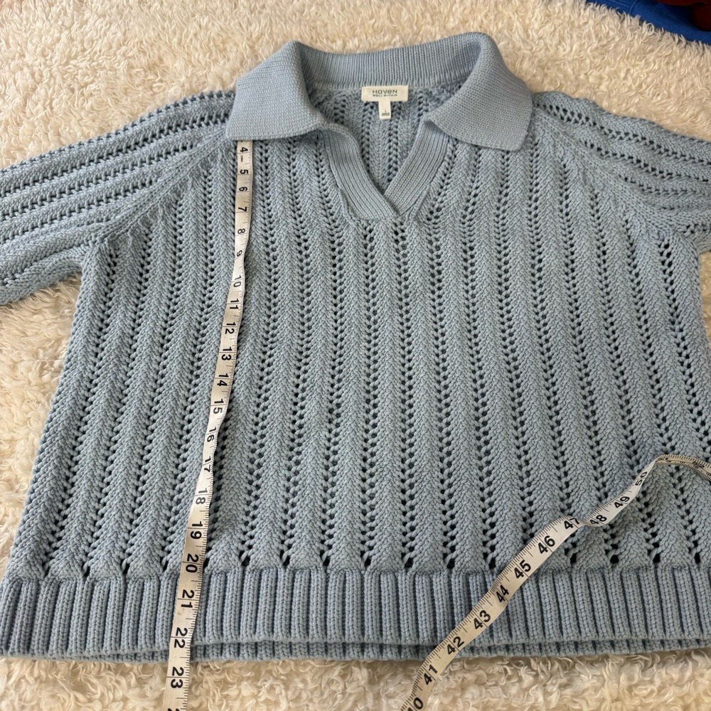 Haven Well Within Open Stitch Johnny Collar Cotton Blue Sweater Size Large - Picture 7 of 12